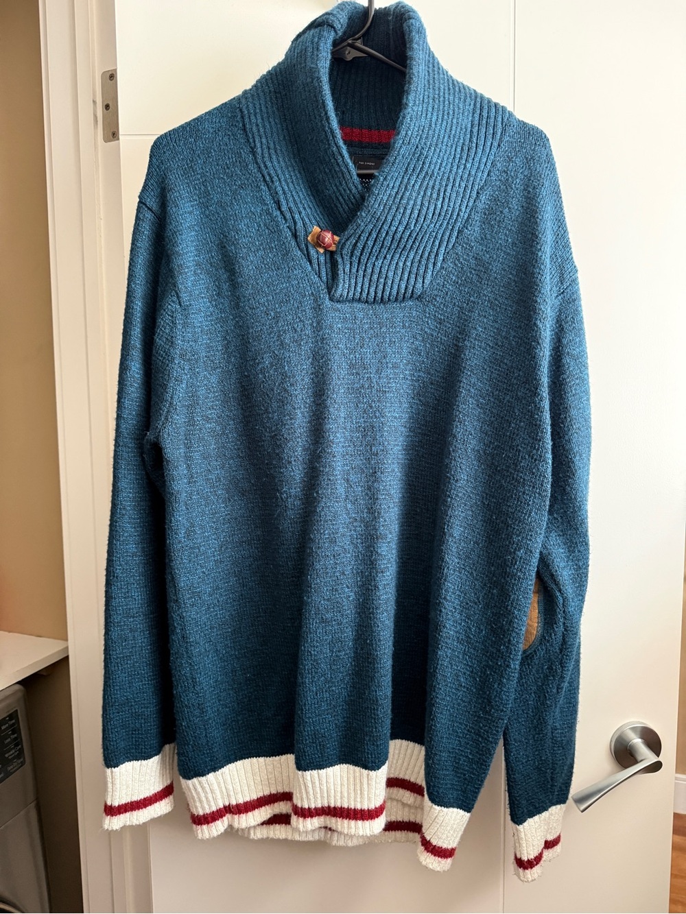 Simons Teal Shawl-Collar Sweater with Cabin Hem